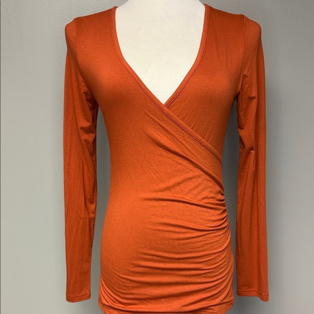 Mangopop Long Sleeve Wrap V-Neck Top Rust Orange NWT Size S